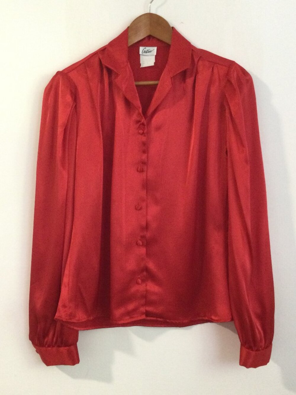 Vintage Red Satin Button-up Blouse Classic pointed collar shoulder gathering SM